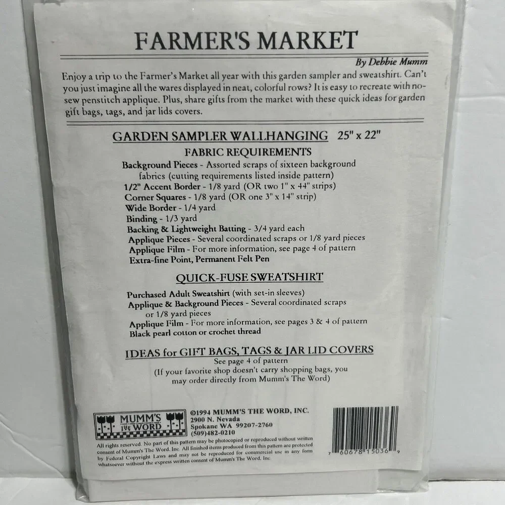 Farmers Market Vegetable Fruit Mumms the Word NEW Vintage Sewing Pattern 1994